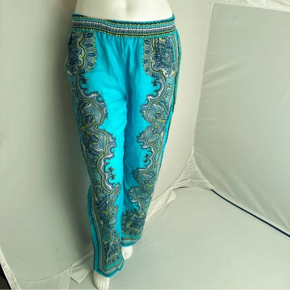 Hale Bob turquoise multicolor boho elastic waist linen pants - Picture 2 of 15